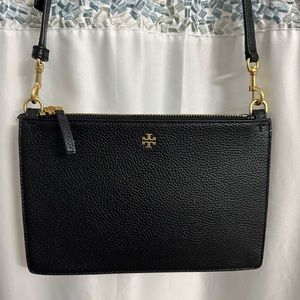 Tory Burch Black Pebble Leather Double Zip Slim Crossbody Shoulder Bag